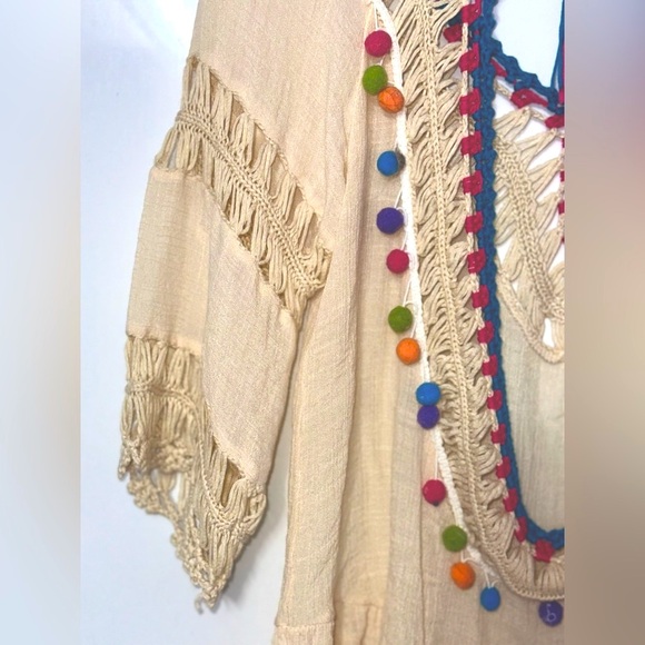 Boho Colorful Pom Pom Crochet Flowy Top / Tunic / Swim Cover Up - Picture 4 of 6